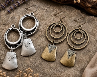 Boho Silver Dangle Earrings, Geometric Circle Earrings, Tribal Statement Jewelry, Ethnic Bohemian Gift for Her, Vintage Style
