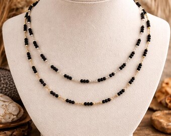 Black Beaded Necklace, Dainty Boho Necklace, Minimalist Beaded Choker, Layering Necklace, Delicate Black Jewelry, Gift for Her