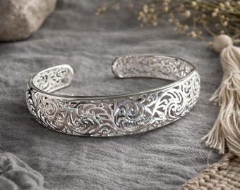 Vintage Silver Cuff Bracelet, Wide Filigree Open Bangle, Boho Statement Jewelry, Adjustable Bracelet, Gift for Her