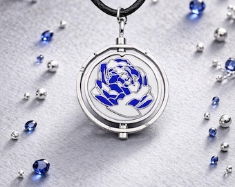 Blue Rose Rotatable Necklace, Anime Spinner Pendant, Gothic Rose Jewelry, Cosplay Accessory, Metal Flower Locket Gift for Her