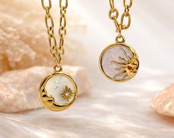 Retro Sun Moon Round Coin Pendant Necklace, 18K Gold Plated Stainless Steel Necklace, Celestial Jewelry, Women Gift