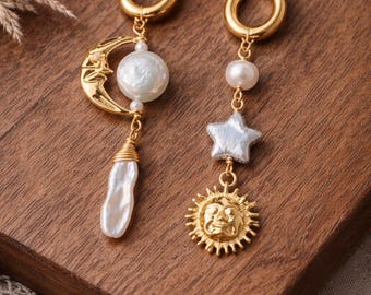 Sun Moon Baroque Pearl Earrings, Asymmetrical Celestial Earrings, Freshwater Pearl Jewelry, Boho Bridal Bridesmaid Gift for Her