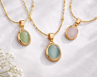 Opal Pendant Gold Necklace – Oval Opal Stone Minimalist Jewelry Gift for Her