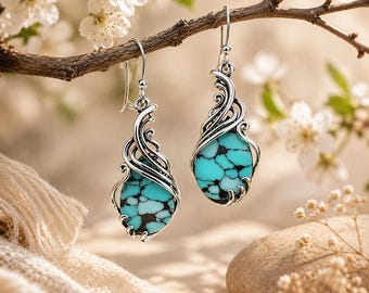 Turquoise Dangle Earrings, Boho Silver Teardrop Earrings, Vintage Style Jewelry, Synthetic Turquoise, Gift for Her