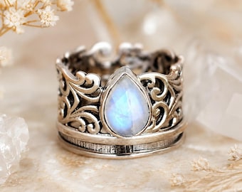 Moonstone Spinner Ring for Women, Silver Plated Filigree Ring, Boho Meditation Fidget Ring, Wide Band Moonstone Statement Ring, Gift for Her