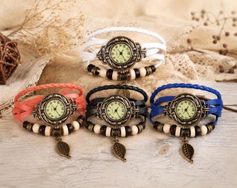 Vintage Boho Bracelet Watch for Women, Leather Wrap Wrist Watch with Leaf Charm, Small Dial Quartz Watch, Bohemian Gift for Her