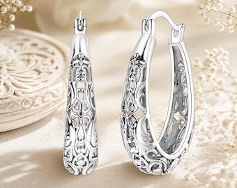925 Sterling Silver Filigree Hoop Earrings, Lace Drop Hoops, Hypoallergenic Jewelry, Gift for Her, Anniversary Earrings