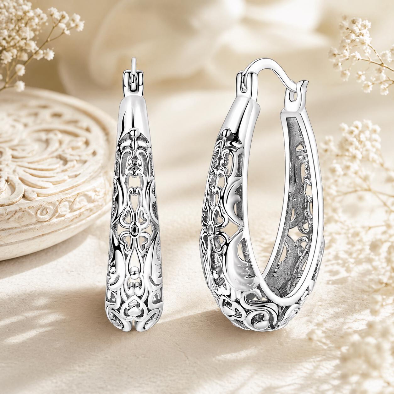 925 Sterling Silver Filigree Hoop Earrings, Lace Drop Hoops, Hypoallergenic Jewelry, Gift for Her, Anniversary Earrings