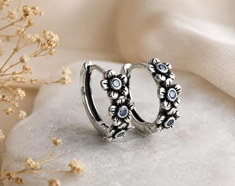 925 Sterling Silver Floral Hoop Earrings – Vintage Blue Daisy Huggies, Minimalist Boho Gift for Her