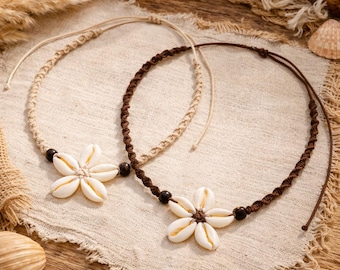 Boho Shell Choker, Cowrie Macrame Necklace, Flower Beach Jewelry, Bohemian Summer Necklace