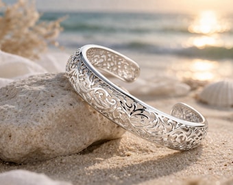 Silver Cuff Bracelet Wide Filigree Bangle, Boho Statement Bracelet, Adjustable Open Cuff, Vintage Jewelry Gift for Her, Bridesmaid Gift