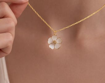 Gold Daisy Necklace, White Enamel Flower Pendant, Delicate Floral Necklace, Gift for Her