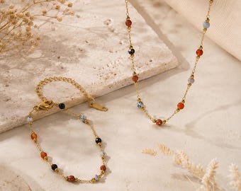 Tiny Gemstone Necklace and Bracelet Set,Colorful Natural Stone Jewelry, Delicate Beaded Necklace or Bracelet, Summer Jewelry