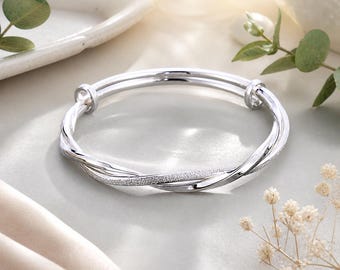 925 Sterling Silver Woven Bangle Bracelet for Women, Adjustable Cuff, Elegant Minimalist Jewelry, Gift for Her, Wedding Bracelet
