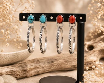 Boho Red Turquoise Hoop Earrings, Vintage Silver Plated Southwestern Earrings, Western Style Statement Jewelry, Gift for Her