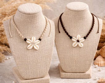 Flower Macrame Shell Necklace, Boho Cowrie Shell Necklace, Beachy Macrame Jewelry, Bohemian Style Shell Choker