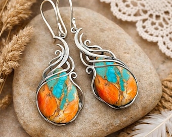 Boho Turquoise Dangle Earrings, Vintage Inspired Stone Earrings, Artistic Wire Wrap Earrings, Unique Gift for Women