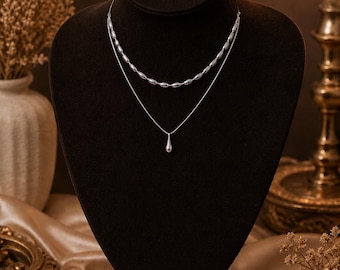 925 Sterling Silver Double Layer Necklace, Minimalist Teardrop Pendant, Dainty Choker, Elegant Gift for Her, Birthday Jewelry
