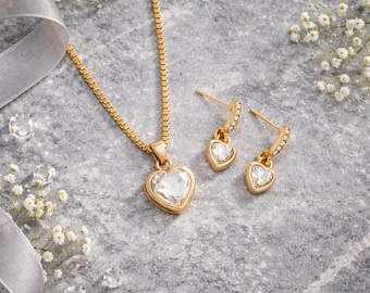 Boho Gold Heart Pendant Set, Dainty Crystal Heart Necklace and Earrings, Minimalist Bridal or Everyday Jewelry