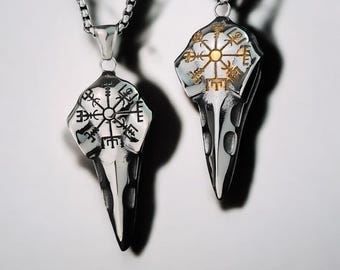 Raven Skull Necklace, Viking Raven Pendant, Vegvisir Symbol, Norse Mythology Jewelry, Stainless Steel Necklace