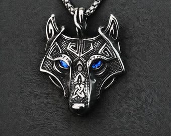 Viking Wolf Head Pendant, Norse Mythology Amulet, Stainless Steel Wolf Necklace with Blue Eyes