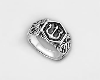 Trident Ring, Poseidon Ring, Greek God Ring, Stainless Steel Ring, Mens Signet Ring, Mythology Jewelry, Statement Ring