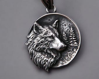 Wolf Pendant Necklace, Silver Wolf Jewelry,  Mens Wolf Amulet, Forest Moon Design
