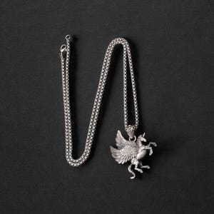 May include: A silver chain necklace with a winged unicorn pendant. The pendant is detailed and has a textured finish.