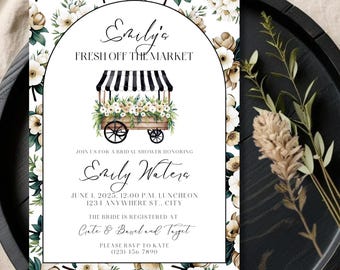 Invito per addio al nubilato "Off the Market", modello modificabile "Farmer's Market", invito floreale per addio al nubilato "Fresh Off the Market", Canva