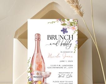 Brunch and Bubbly Bridal Shower Invitation: Wildflower Prosecco (Canva Template, Digital Download)