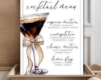 Szablon Canva z szyldem na urodzinowy bar Martini, „Trochę starszy”, Dirty Thirty, zaproszenie w kształcie kokardy kokietki, menu baru koktajlowego, szyld na koktajl, edytowalny