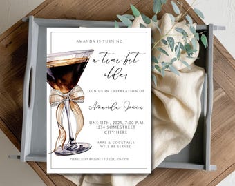 Martini Birthday Invite Canva Template, "A Tini Bit Older" Invitation, Dirty Thirty, Coquette Bow Invite Template Editable