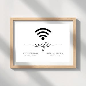 May include: A framed print with a simple design. It features a black WiFi symbol and the word "wifi" in a cursive font. Below, it displays "WIFI NETWORK" and "WIFI PASSWORD" with placeholder text. The frame is light brown.