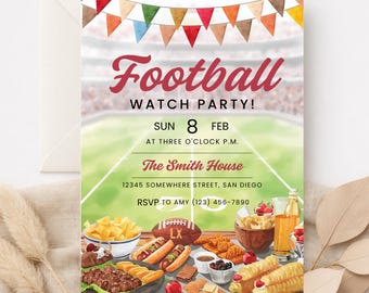 May include: A football watch party invitation with a stadium background and colorful pennants. The invitation includes the text "Football WATCH PARTY!" and details for the event, along with illustrations of game day food.