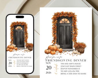 Friendsgiving Dinner Invitation, Thanksgiving Potluck Invite, Editable Fall Party Canva Template Digital Invitation Download