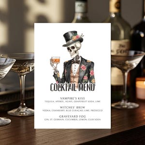 May include: A cocktail menu card featuring a skeleton in a top hat and floral-decorated suit, holding a cocktail. The card reads "COCKTAIL MENU" with drink names and ingredients: Vampire's Kiss, Witches' Brew, and Graveyard Fog. The background includes cocktail glasses.
