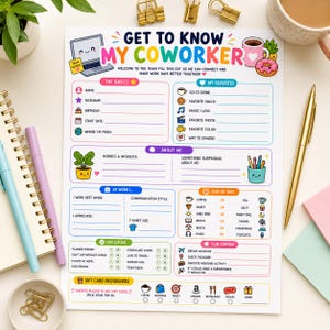 May include: A Get to Know My Coworker questionnaire sheet featuring colorful icons and sections for personal details, favorites, hobbies, work preferences, and gift card choices. The white paper includes text prompts, blank lines, and illustrations of a laptop, coffee, and office supplies.