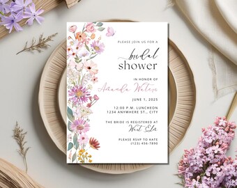 Invito per addio al nubilato a tema fiori selvatici, Amore in fiore, Floreale vintage rosa, Invito per addio al nubilato, Tè prematrimoniale, Modello Canva modificabile e stampabile