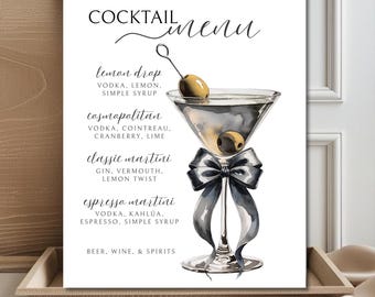 Szablon Canva na szyld do baru Martini Party, „Trochę starszy”, Dirty Thirty, Menu baru koktajlowego, Szyld do koktajli, Kokieteryjna kokardka, Edytowalny