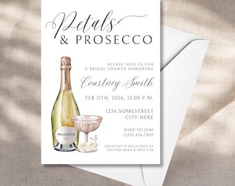 Blütenblätter und Prosecco-Brautparty-Einladung Blütenblätter und Prosecco-Vorlage Champagner-Einladung