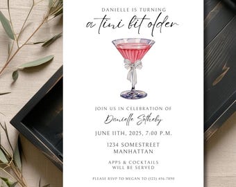 Martini Birthday Invite Canva Template, "A Tini Bit Older" Invitation, Dirty Thirty, Pink Coquette Bow Invite Template Editable