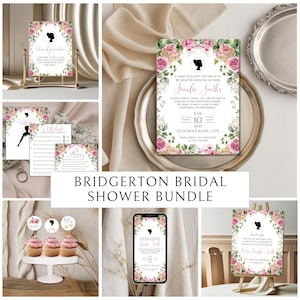 Bridgerton Brautdusche Einladung, Schild, Spiel Bundle, Canva Vorlage, Viktorianische Blumeneinladung, Brauttee-Party, Lady Whistledown inspiriert