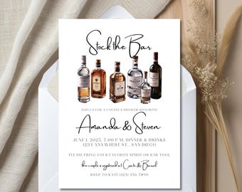 May include: White invitation card with the text "Stock the Bar" and illustrations of liquor bottles. The invitation is for a couple's shower honoring Amanda & Steven, with event details and RSVP information.