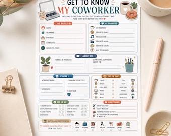 May include: A Get to Know My Coworker questionnaire sheet featuring sections for personal basics, favorites, hobbies, work preferences, this or that choices, and gift card preferences. The document includes colorful icons like a laptop, coffee, and plants.