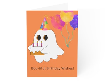 Halloween Birthday Card: Ghost with Cake & Balloons