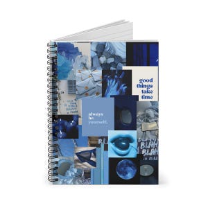 Diario estético con tablero de visión azul, encuadernado en espiral, con líneas anchas, collage de fotos motivacionales, inspiración diaria, tablero de estado de ánimo