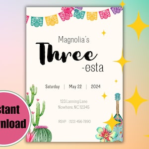 3rd Birthday Fiesta Invitation. Three-esta. Adios Dos Let’s Three-esta, taco birthday party. Editable Canva template, instant download.