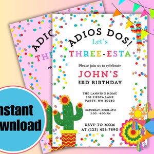 3rd Birthday Fiesta Invitation. Three-esta. Adios Dos Let’s Three-esta, taco birthday party. Editable Canva template, instant download.