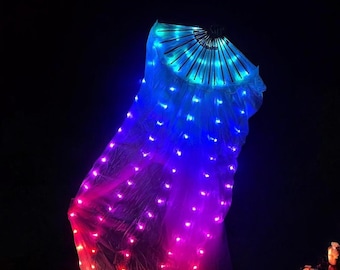 LED Light Up Fan Veils, Rainbow Belly Dance Fans, Silk Fan Veils, Festival Rave Wear, Stage Performance Props
