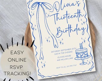 Bewerkbare blauwe sjabloon verjaardagsuitnodiging | Digitale RSVP-uitnodiging voor 13e verjaardagsfeestje |  Digitale download | Afdrukbare uitnodiging